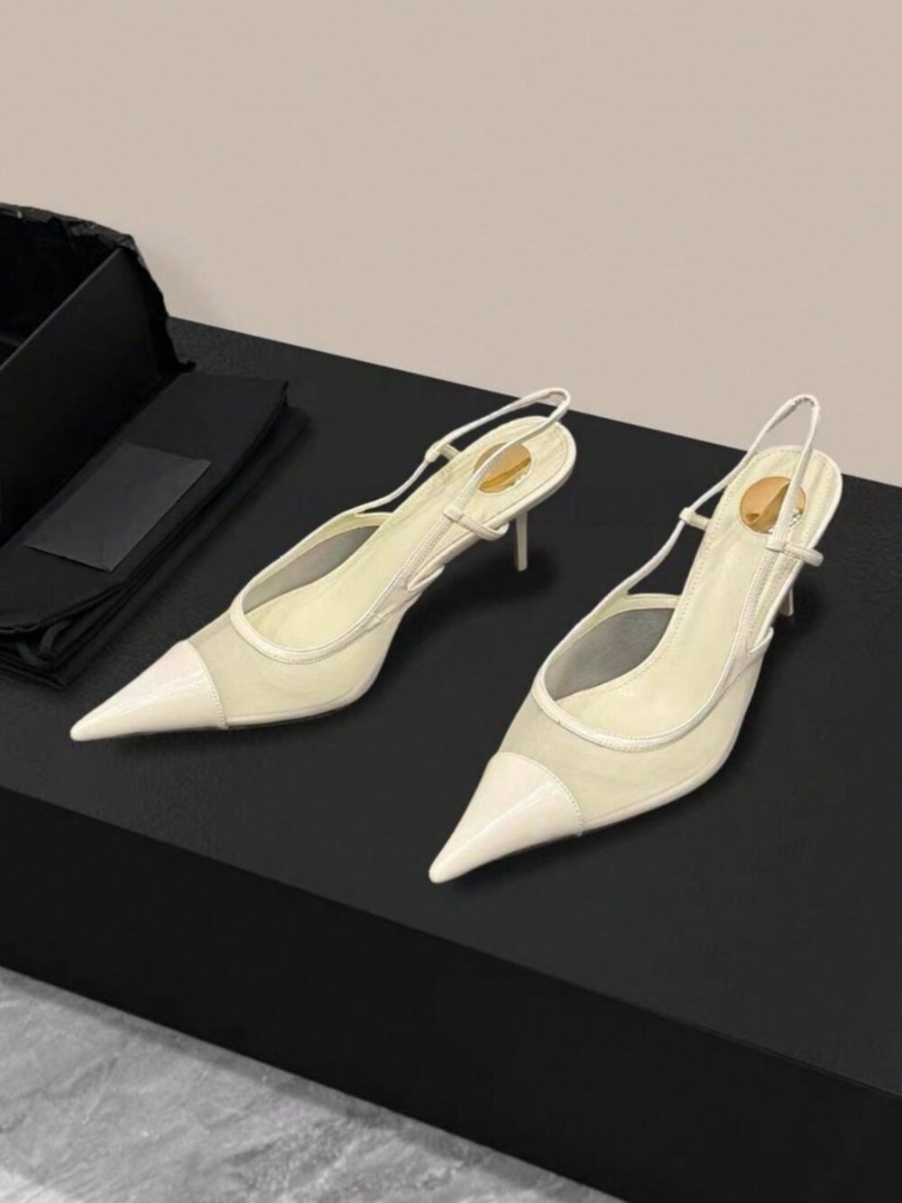Beige Casual Women's Hollow Out Mid Pointed Toe Slip On Mule Heel
